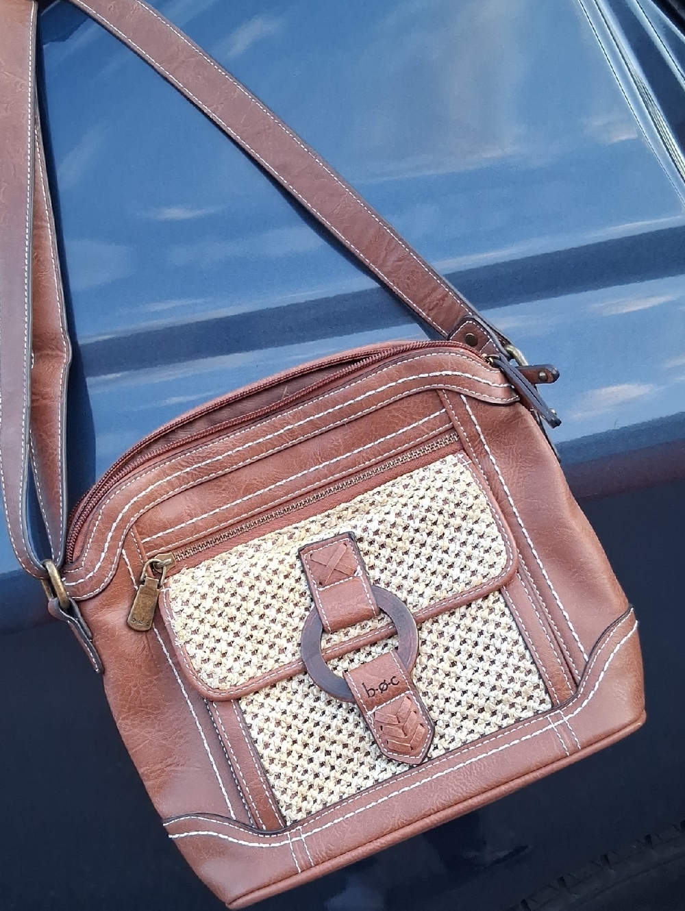 Woven Accent Brown Crossbody Bag with Buckle Detail